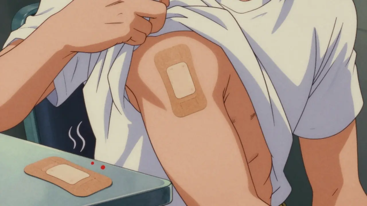 Retro anime style showing discreet patch application and skin care tips