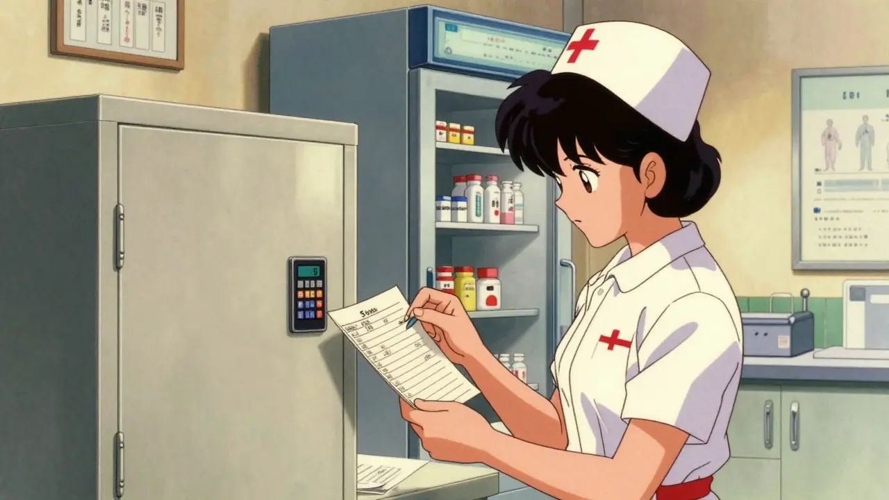 School nurse verifying medication logs next to secure locked cabinet