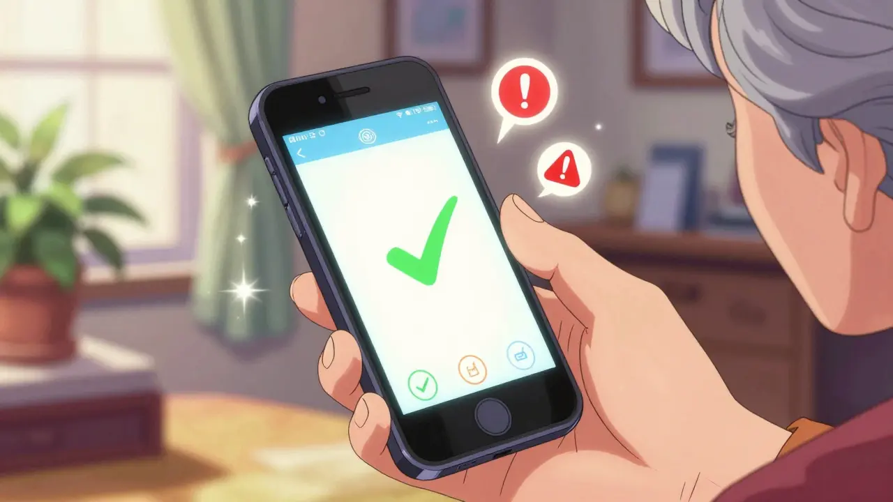 Senior using smartphone app for medication check in retro anime style