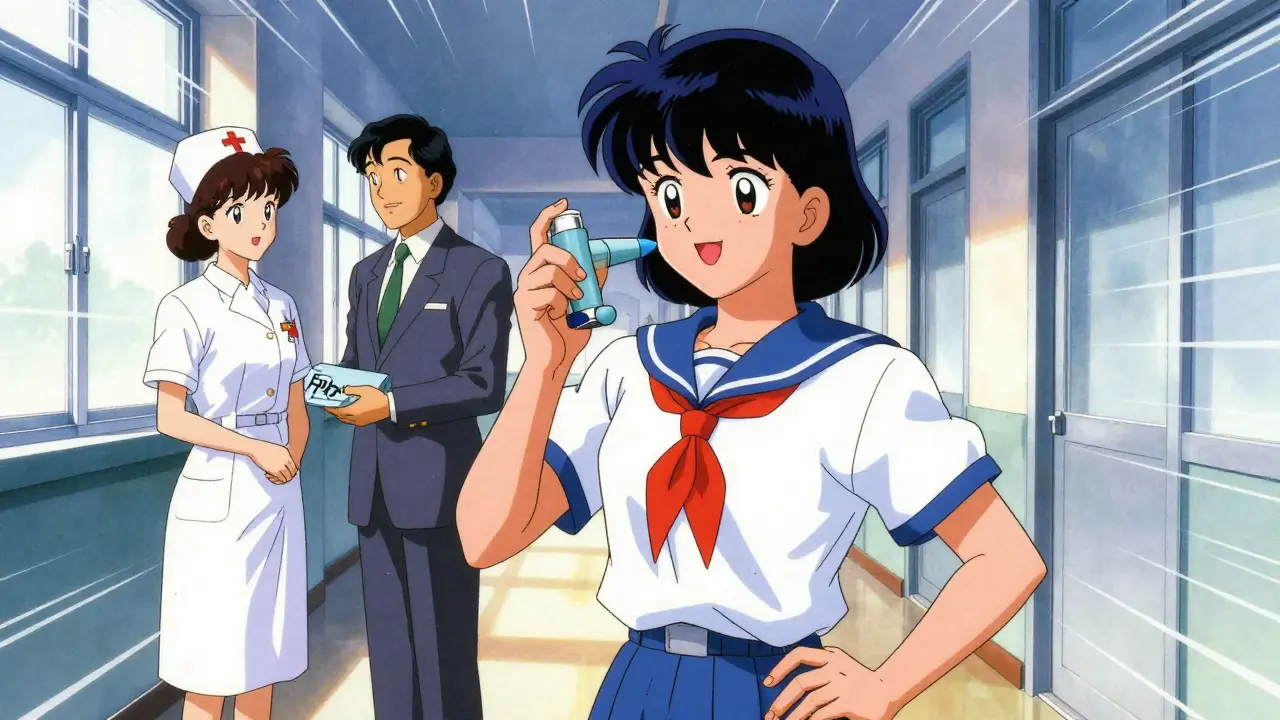 Teenager confidently carrying their own inhaler and emergency meds