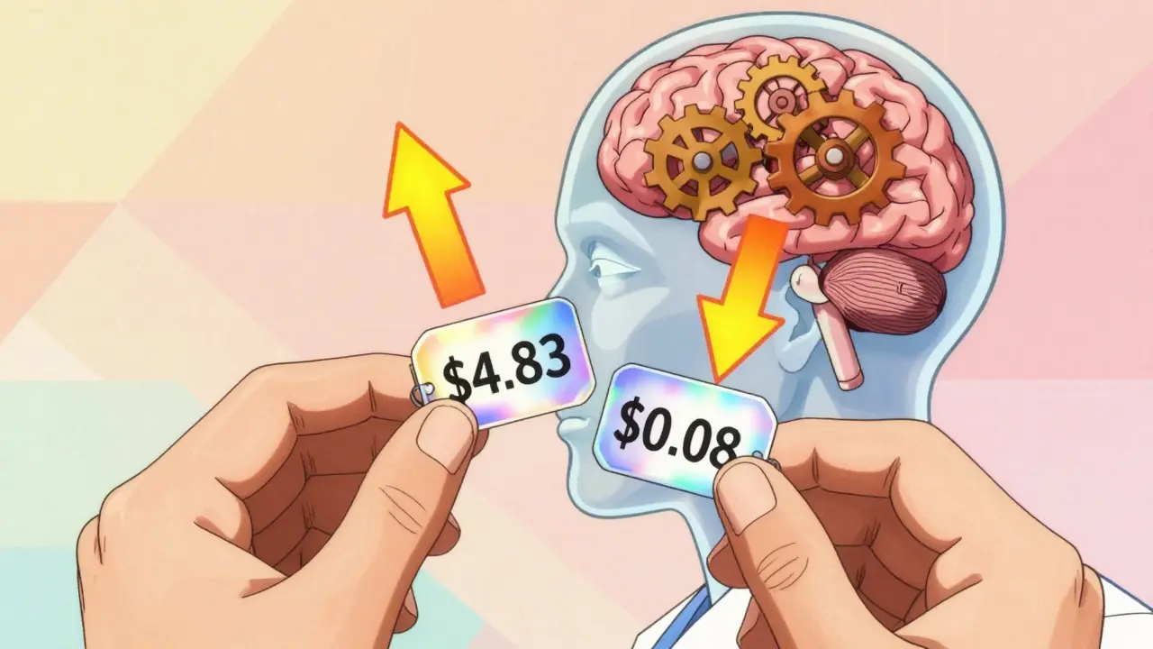 Two pills with different price tags influencing brain activity in retro anime style