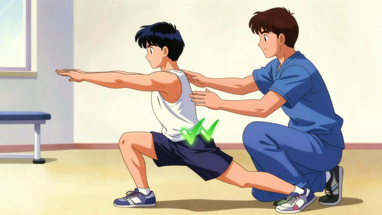 Vintage anime illustration of a modified squat exercise session