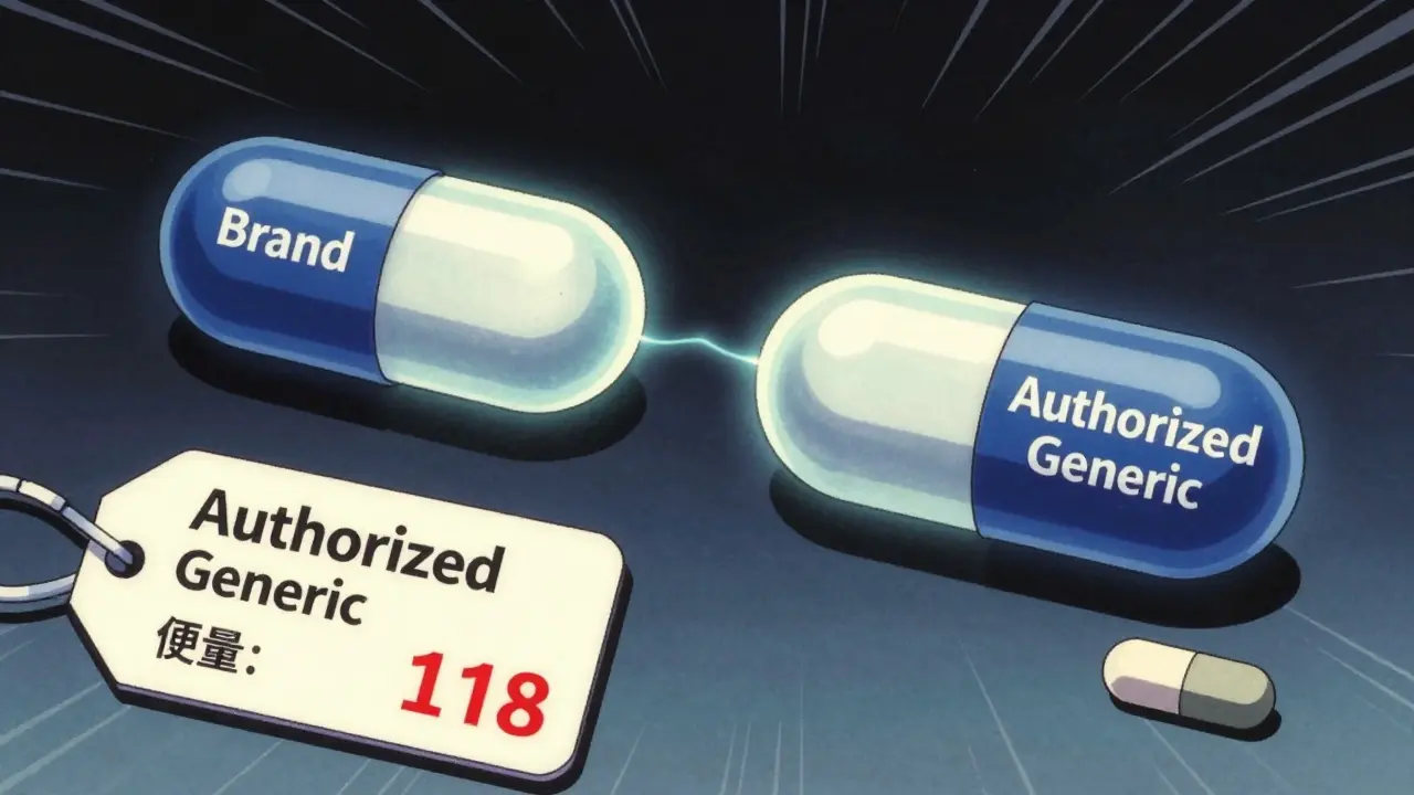Anime illustration comparing brand, authorized generic, and traditional drug costs