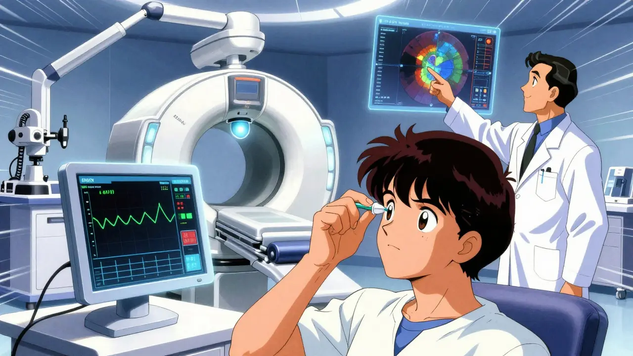 Anime patient using eye drops with holographic health monitor in clinic