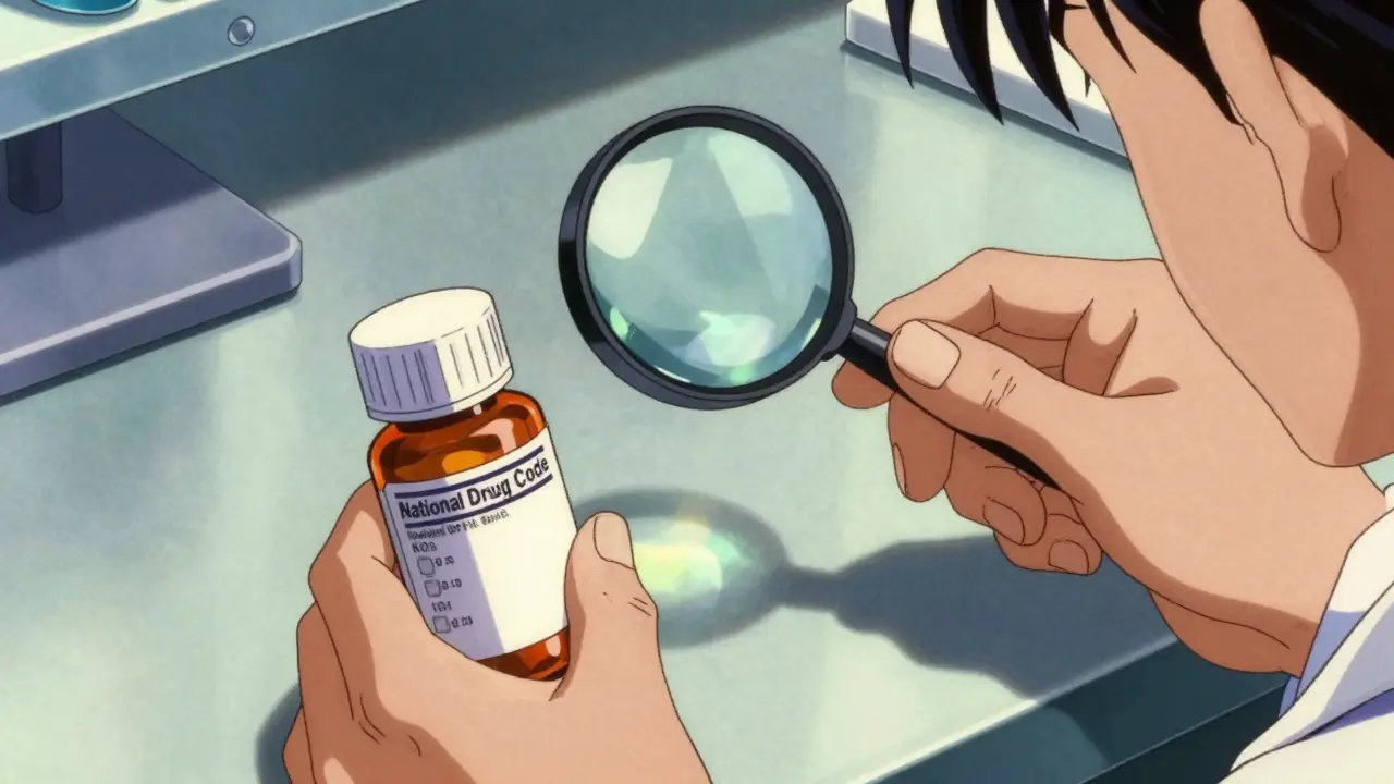 Anime pharmacist examining pill labels and NDC codes under bright light
