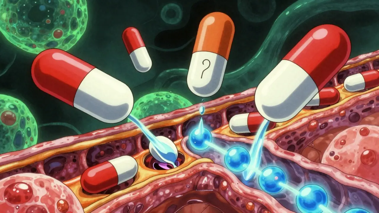 Anime style pills blocking heart cell ion channels visually