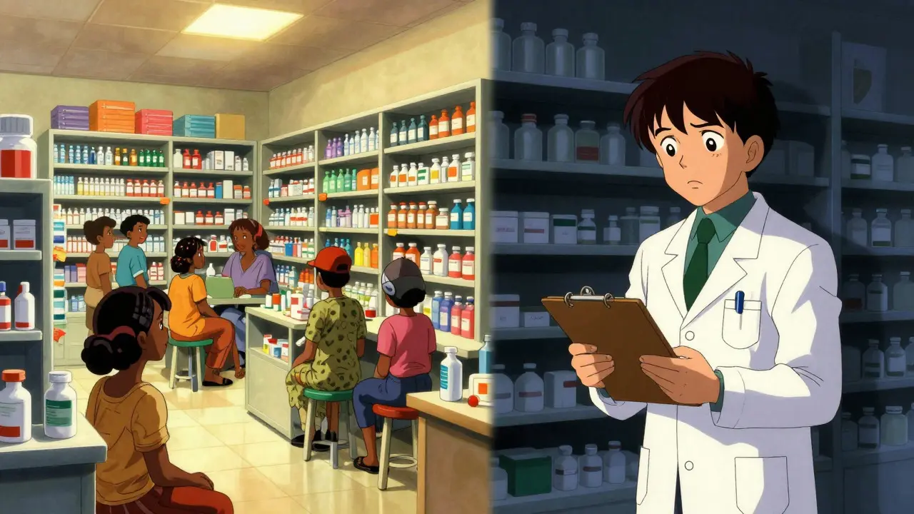 Contrast between stocked and empty pharmacy shelves