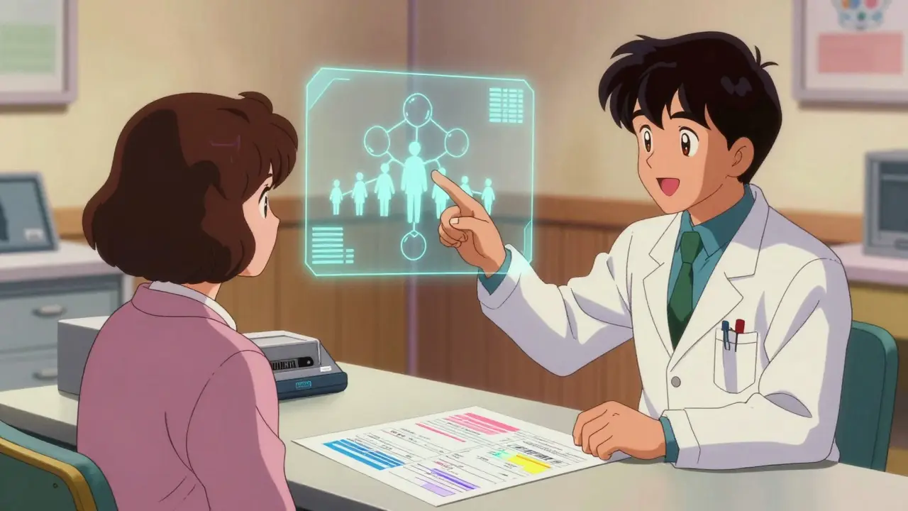 Doctor explaining genetic test results to patient in a retro anime clinic