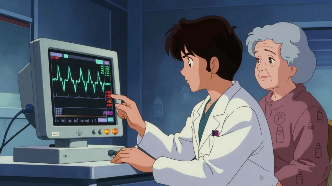 Doctor reviewing risky ECG data for elderly patient in anime
