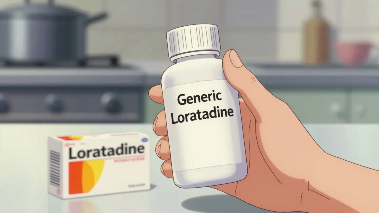 Hands comparing generic loratadine bottle to brand name box