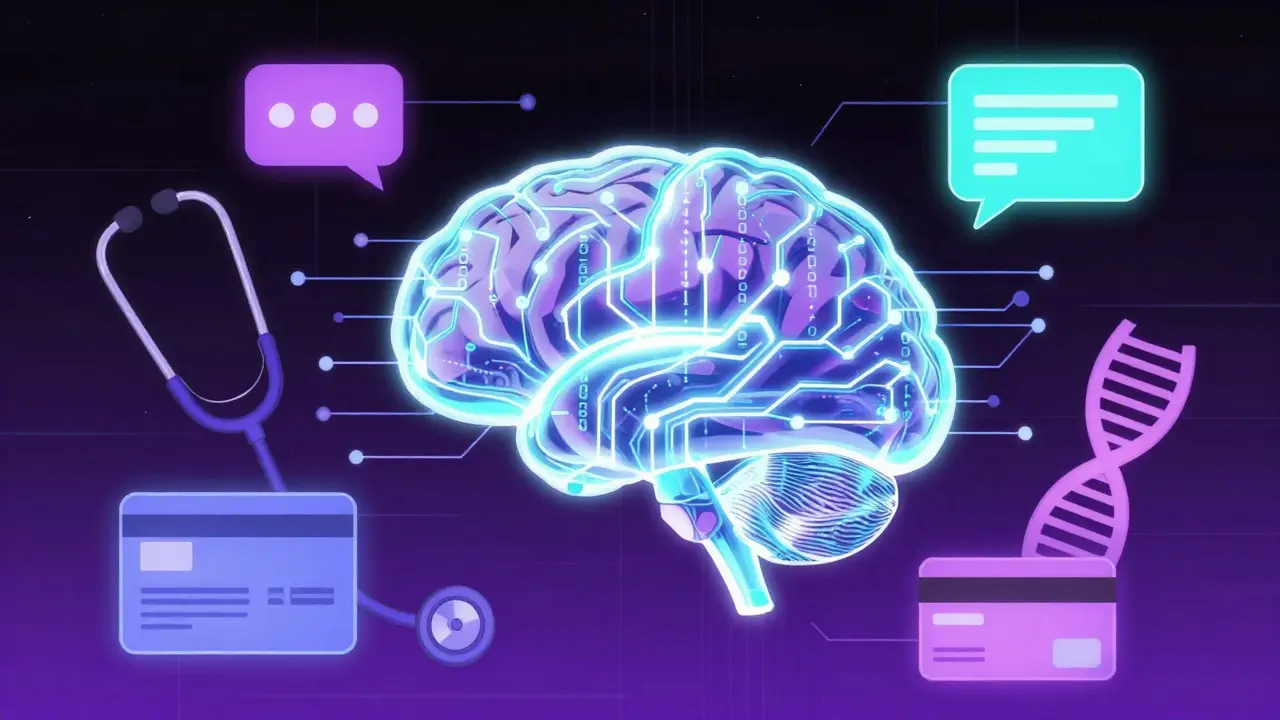 Holographic brain connecting various medical data sources like DNA and social media in a retro anime cyberpunk style.