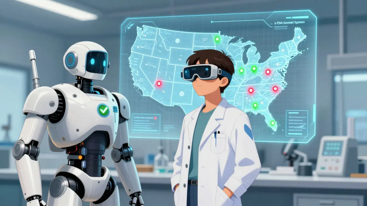 Human expert and robot assistant reviewing a holographic US map for drug safety signals in retro anime style.