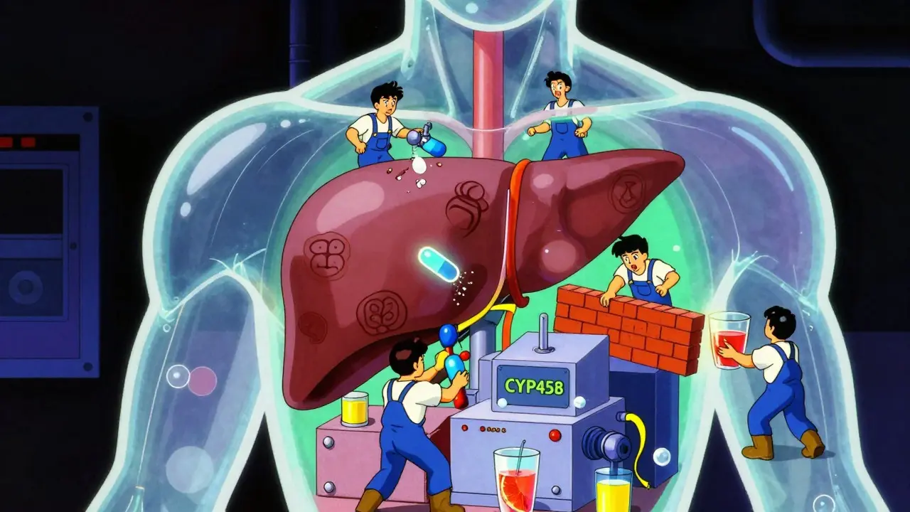 Liver depicted as factory with blocked enzyme machines, retro anime