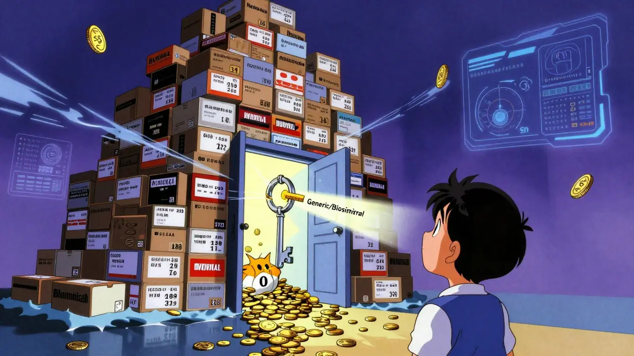 Patient unlocking savings through generics in retro anime concept art