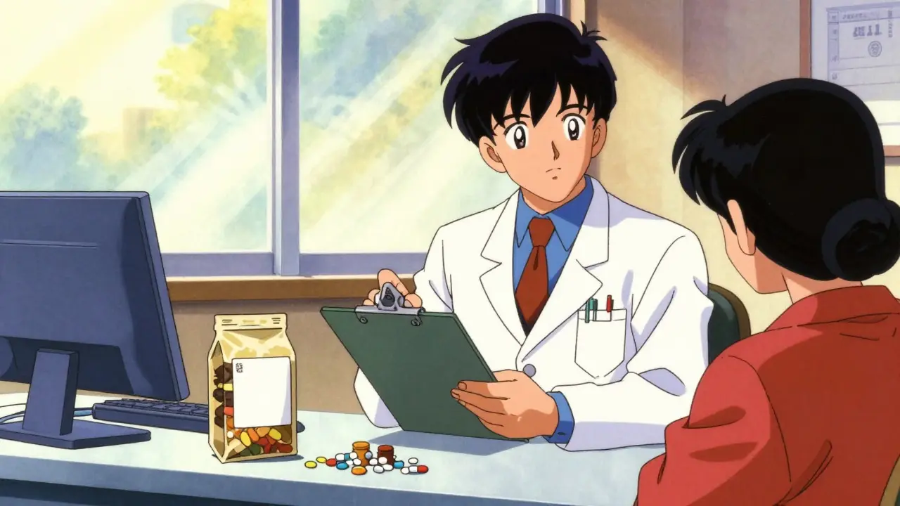 Pharmacist advising patient about medications, retro anime style