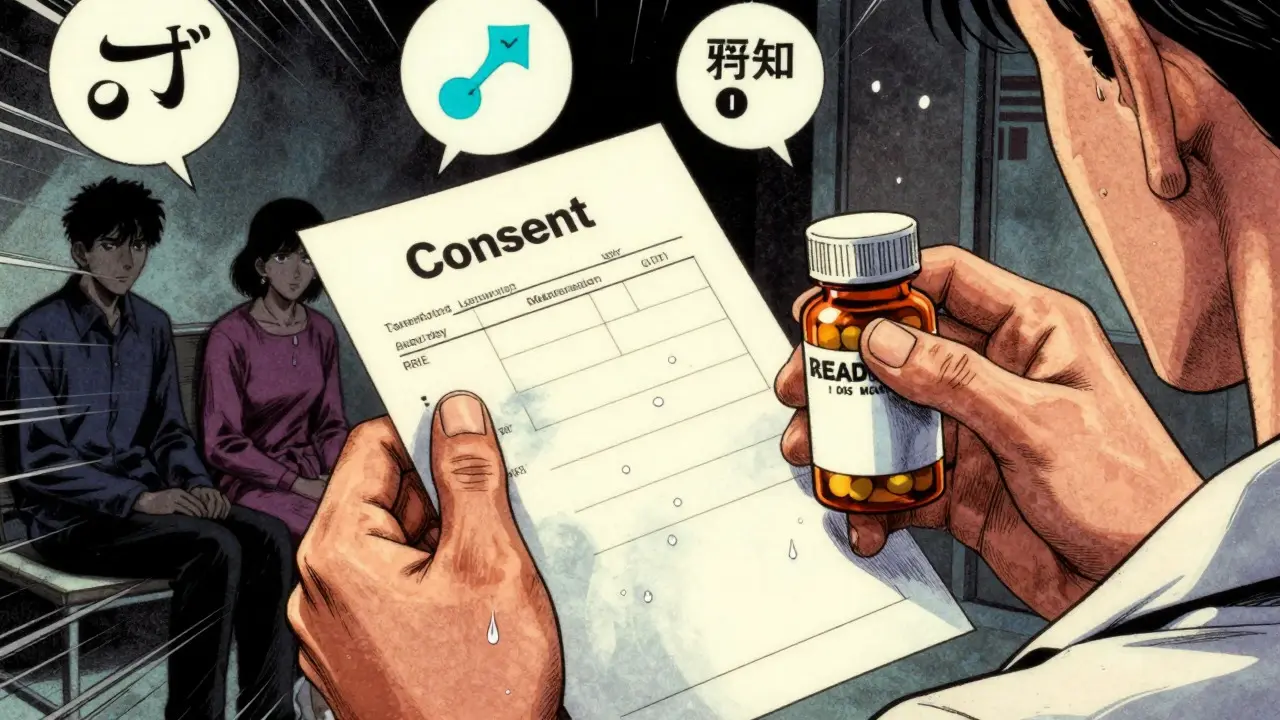 Pharmacist weighing options under pressure in vintage manga style