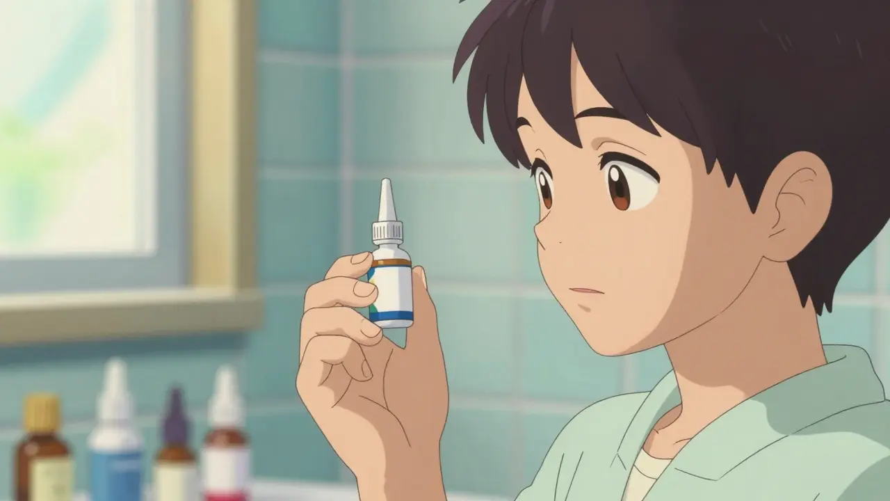 Retro anime character using daily eye drops in a calm setting