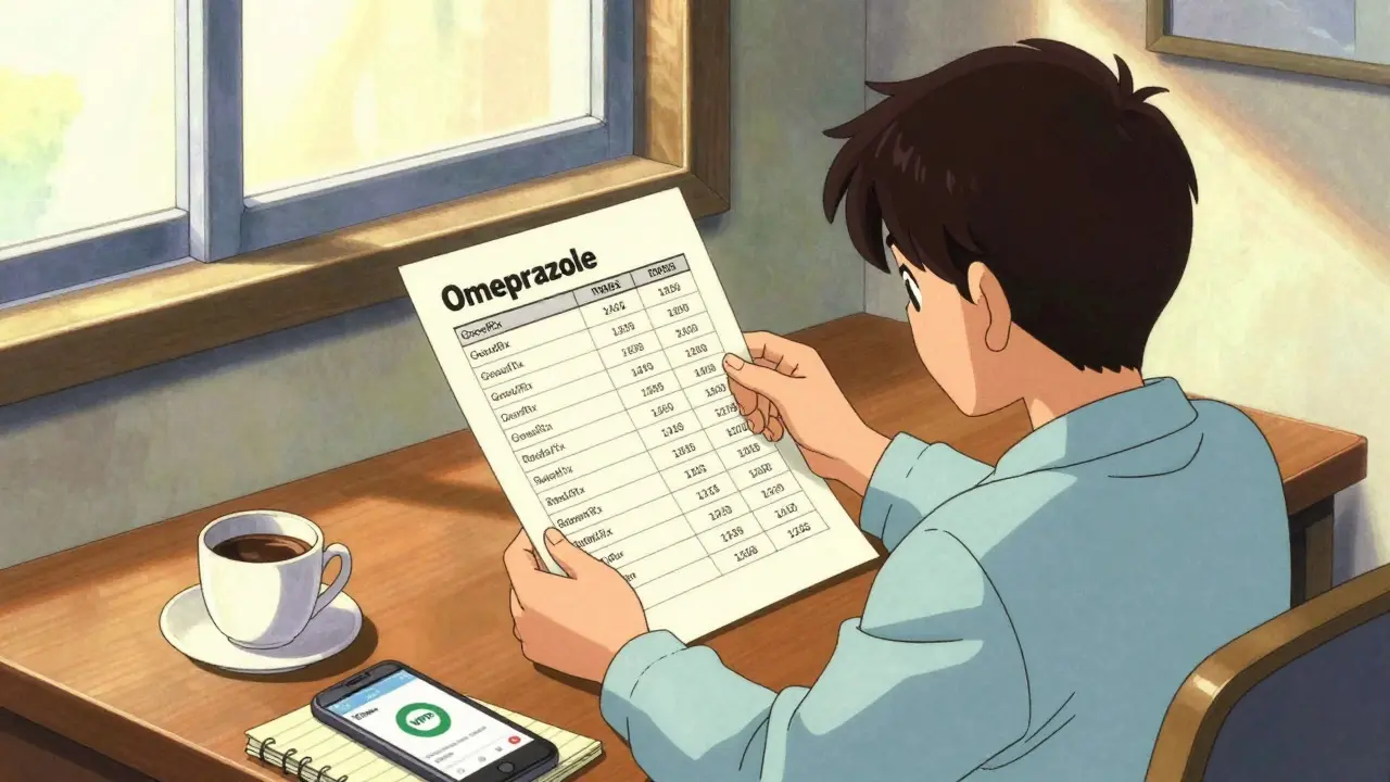 Retro anime scene of person comparing online pharmacy prices safely