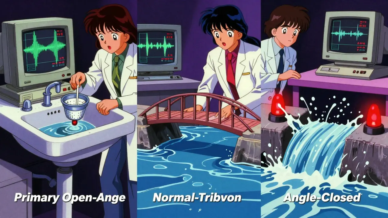 Retro anime split screen illustrating different types of glaucoma mechanisms