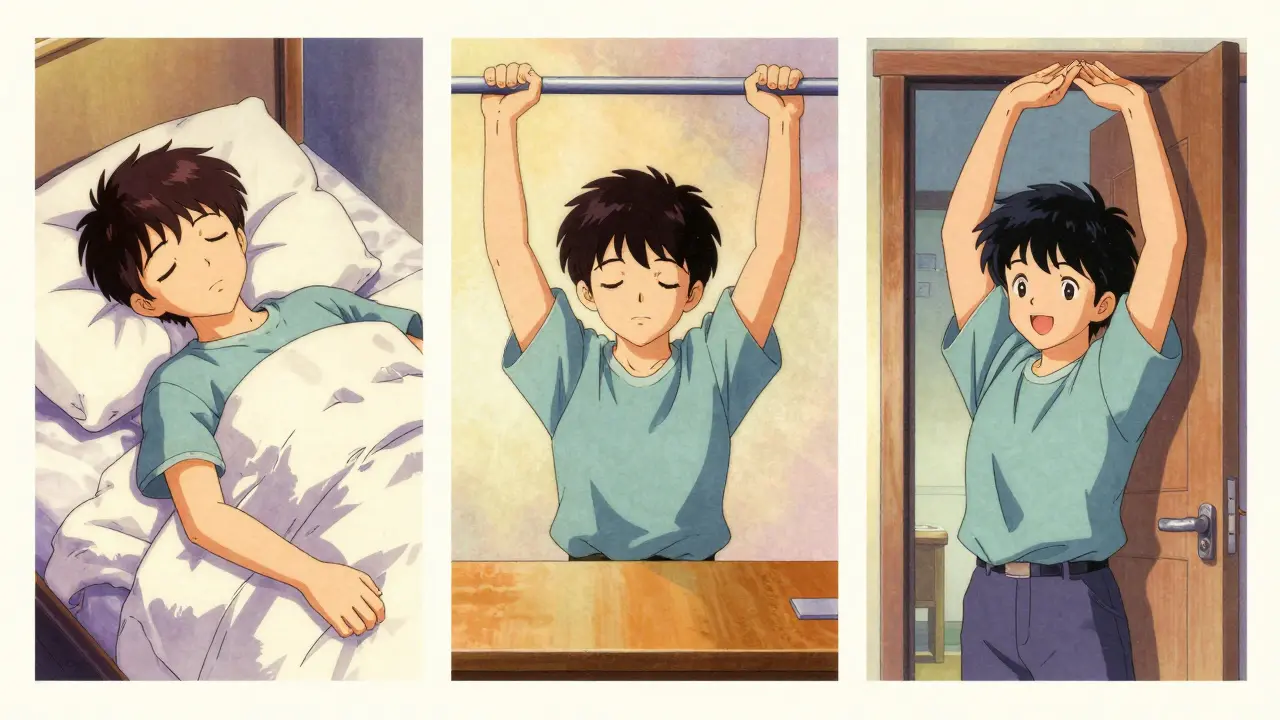 Retro anime split screen showing sleep support, pendulum exercises, and stretching stages.