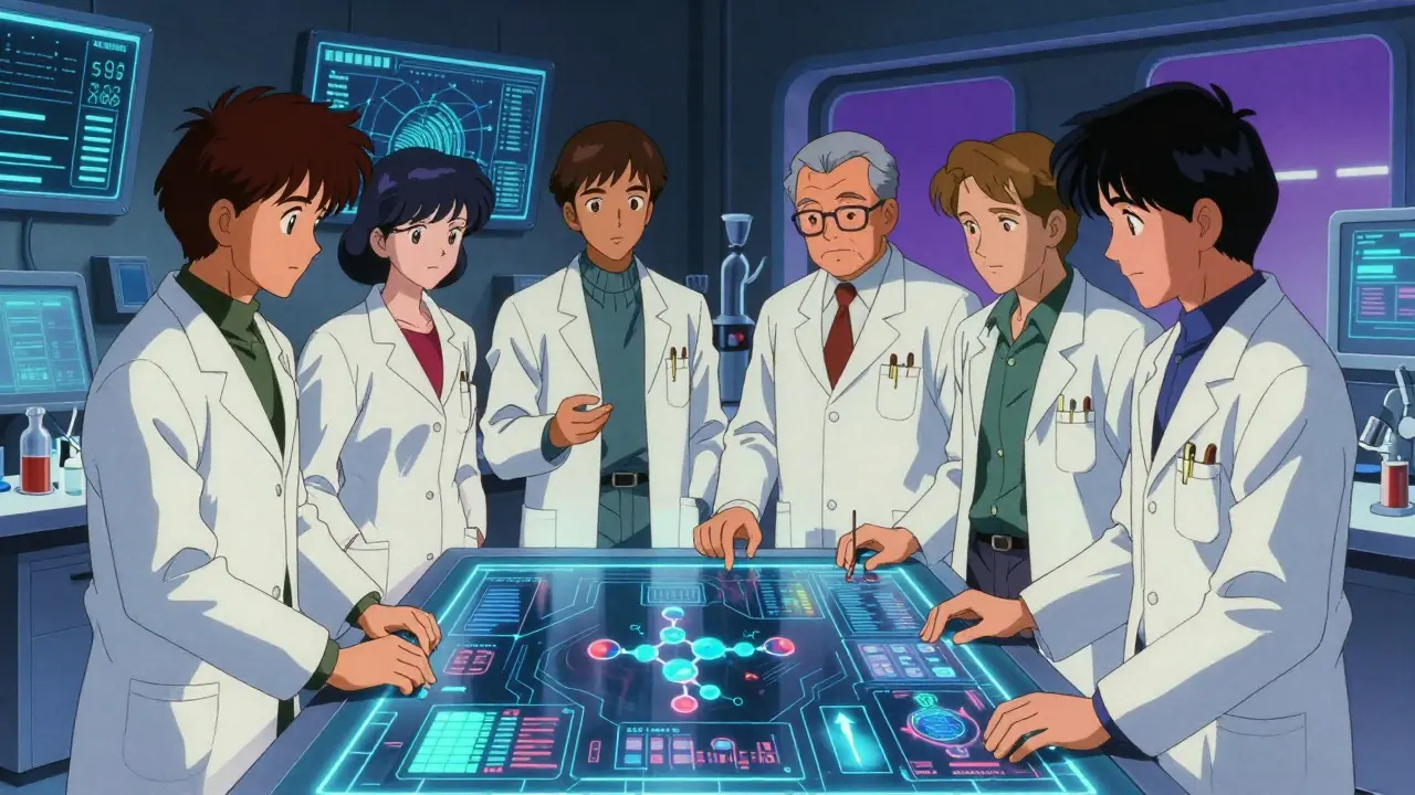 Scientists reviewing drug data on holographic table