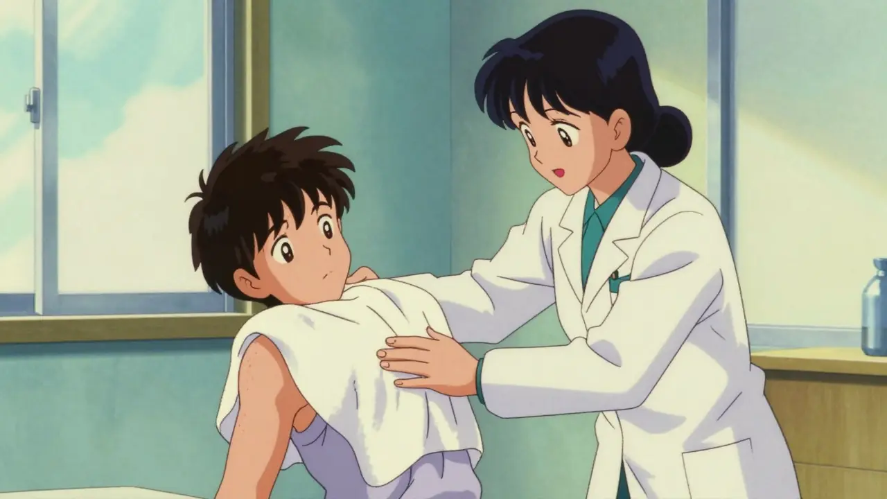 Vintage anime style of a therapist guiding a patient through a gentle towel stretch.