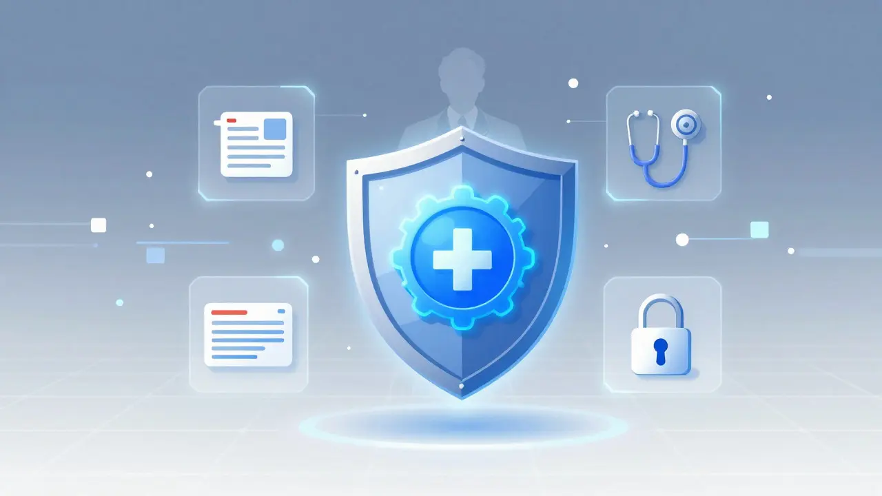 Abstract illustration of a security shield and medical icons representing safe online pharmacy verification.
