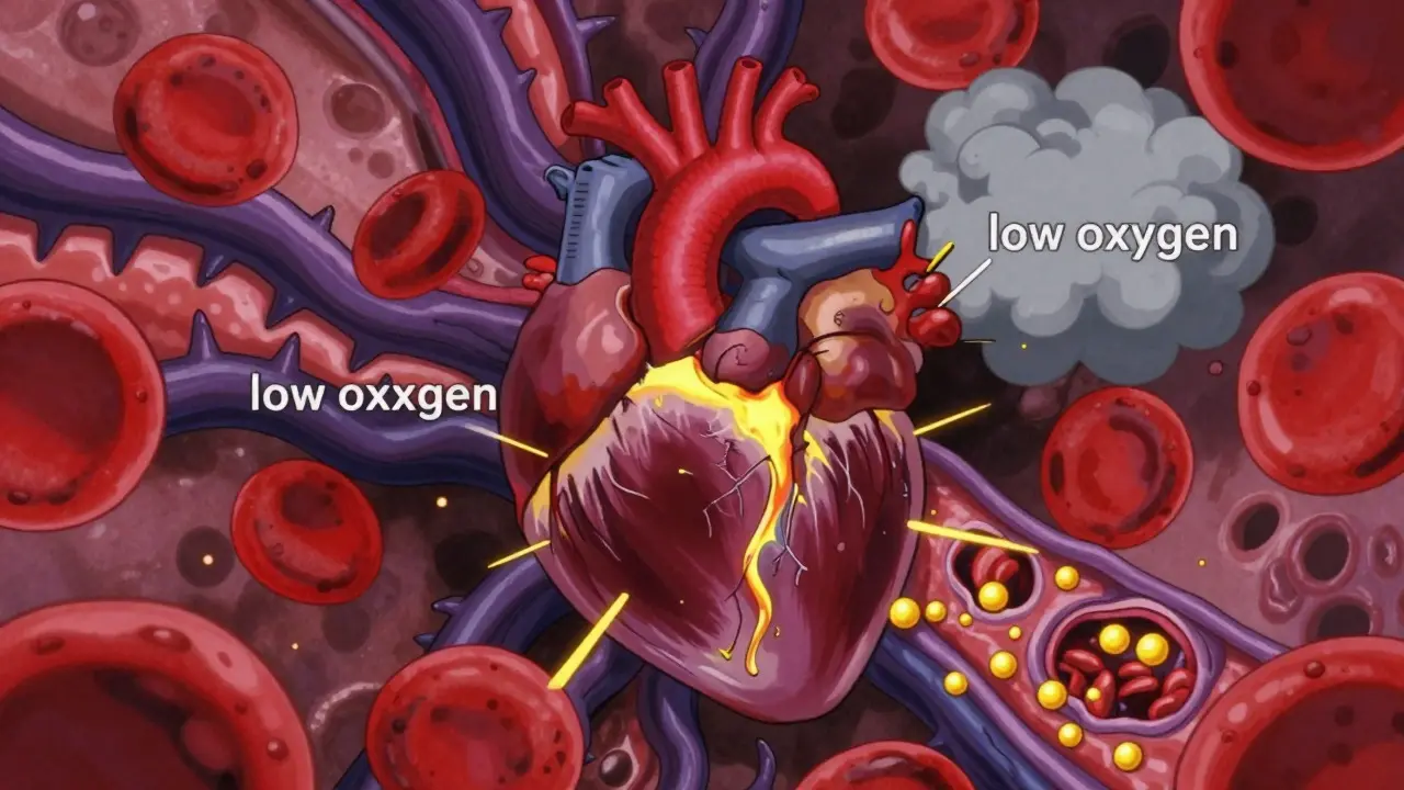 Abstract retro anime visualization of heart, inflammation, and oxygen issues interacting