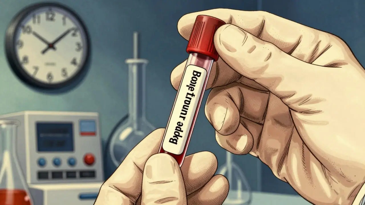 Close-up of a blood vial in a lab, highlighting morning testing protocols.