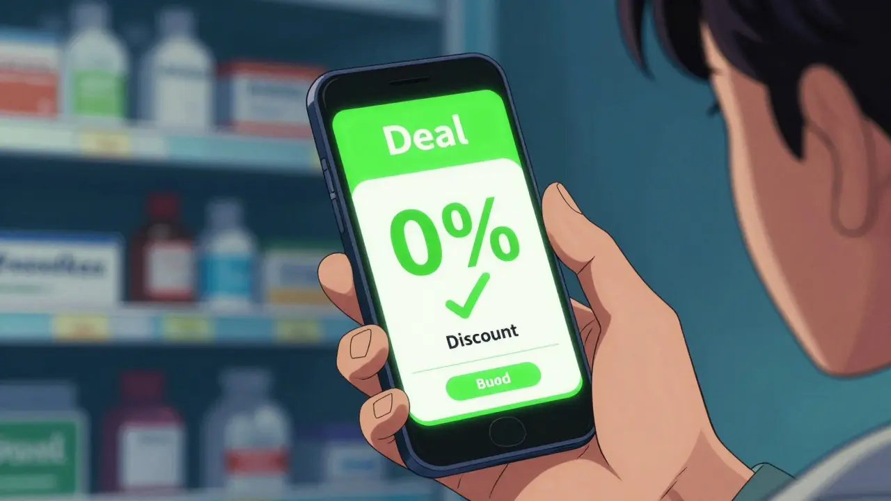 Close-up of a smartphone showing a medication discount coupon with a surprised user in the background.