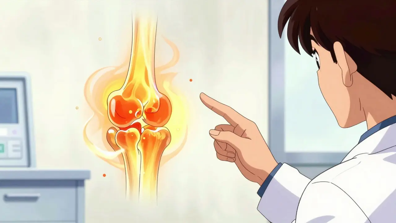 Doctor pointing to glowing inflamed joint diagram in retro anime style