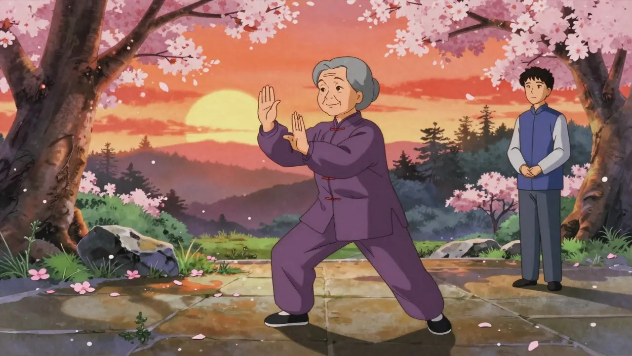 Elderly woman practicing tai chi in a garden with a caregiver watching in retro anime style