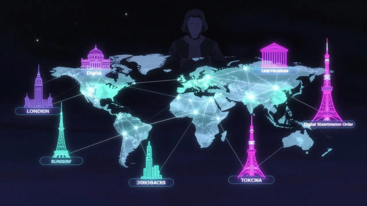 Futuristic digital network connecting global courts via blockchain technology.
