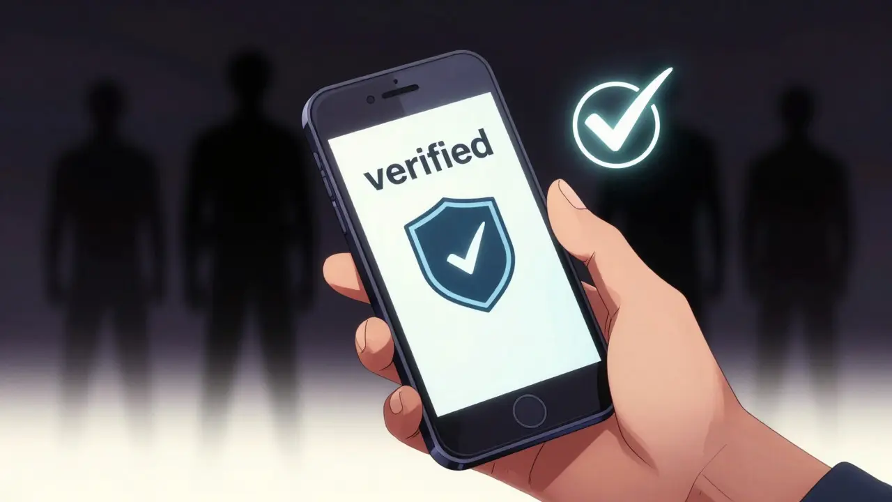 Hand holding phone with safety shield icon, fading scam shadows behind.