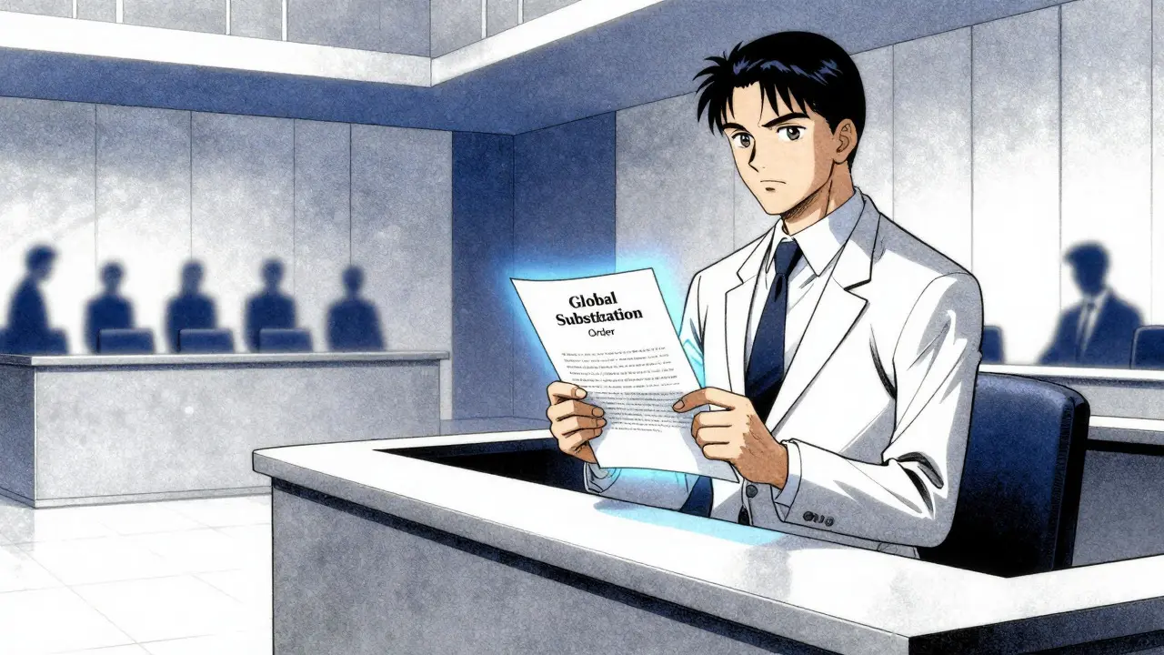 Lawyer presenting a single glowing legal document in a modern courtroom.