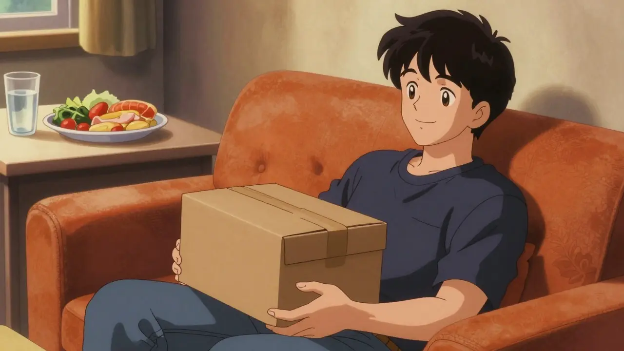 Man relaxing with discreet medication delivery package