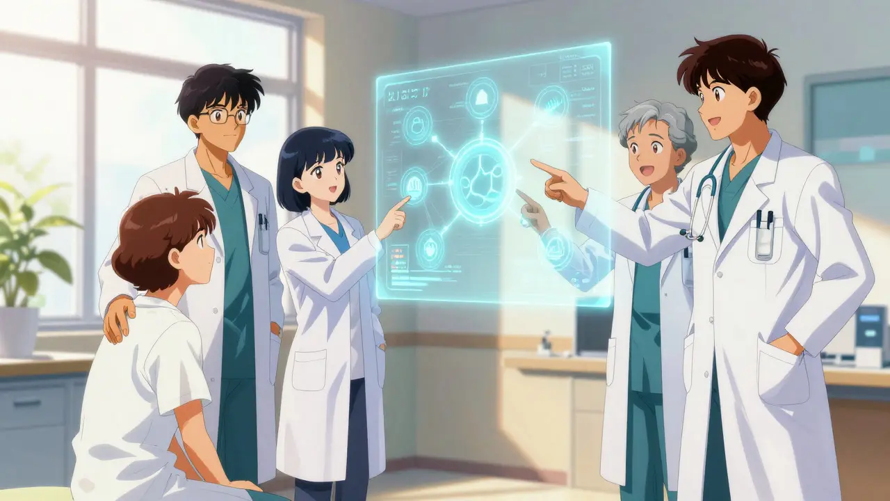 Medical team discussing patient data with a holographic display in a bright clinic