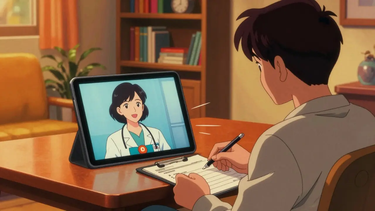 Patient having a video call with a doctor on a tablet in a living room