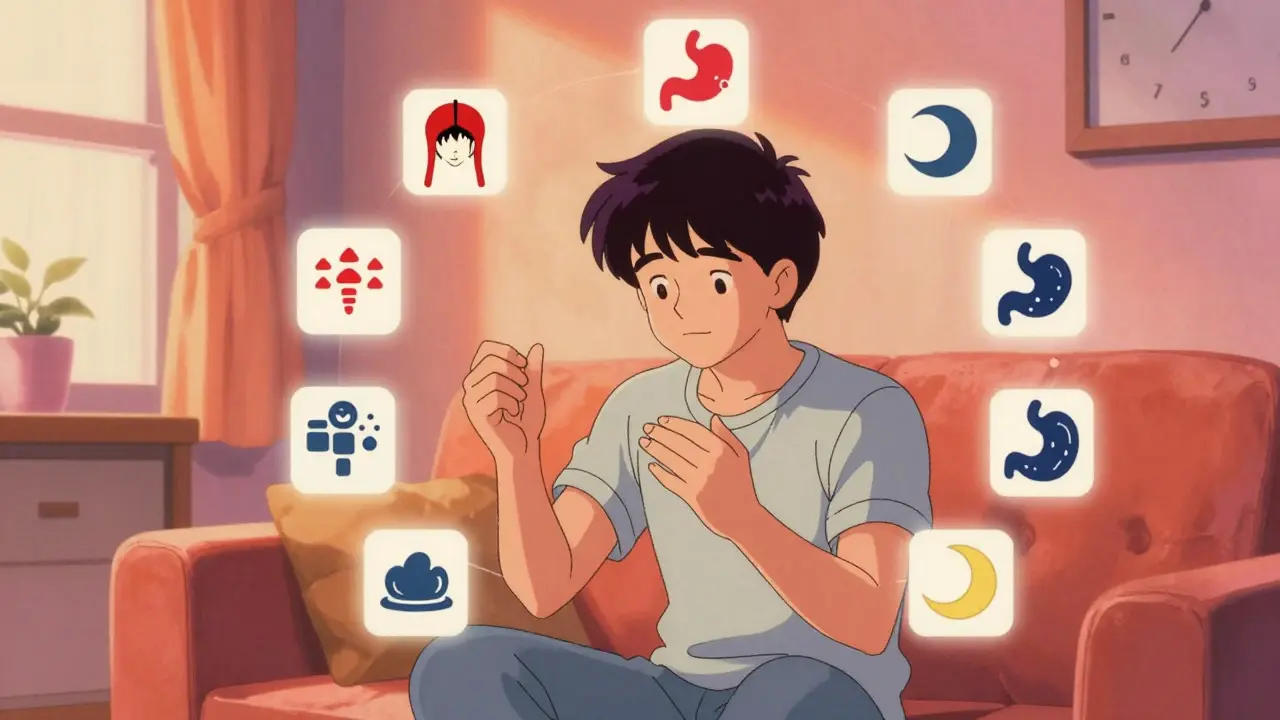 Person organizing side effect icons at home