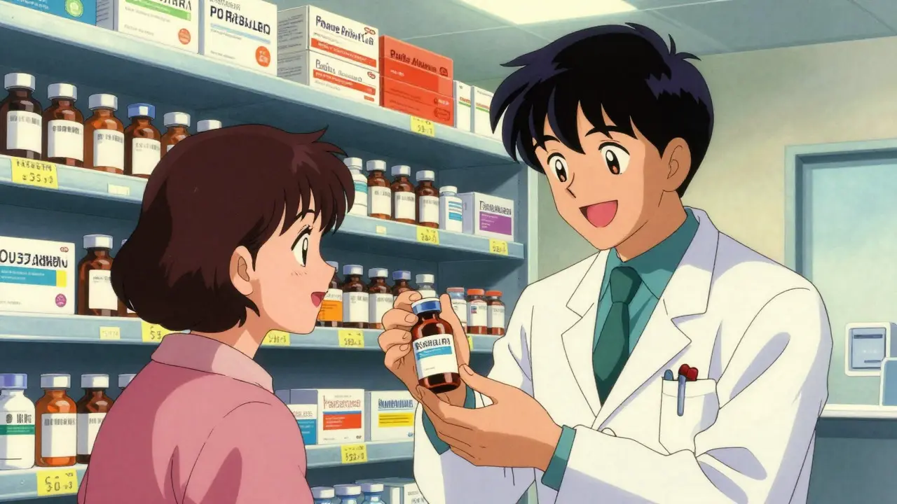Pharmacist handing medicine to a happy patient in a retro anime style pharmacy