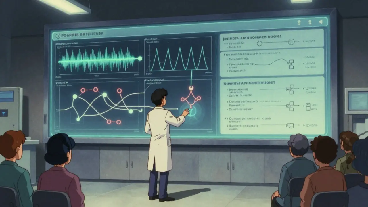 Scientist analyzing data on a holographic screen in a retro anime pharmaceutical lab