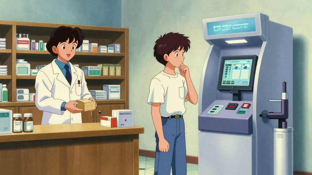 Split view of a traditional Canadian pharmacy and a modern US kiosk.