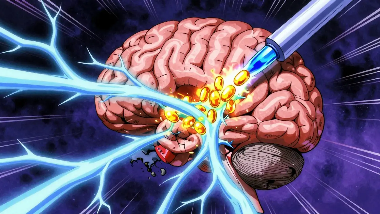 Stylized brain illustration showing dopamine restoration via therapy in retro anime style