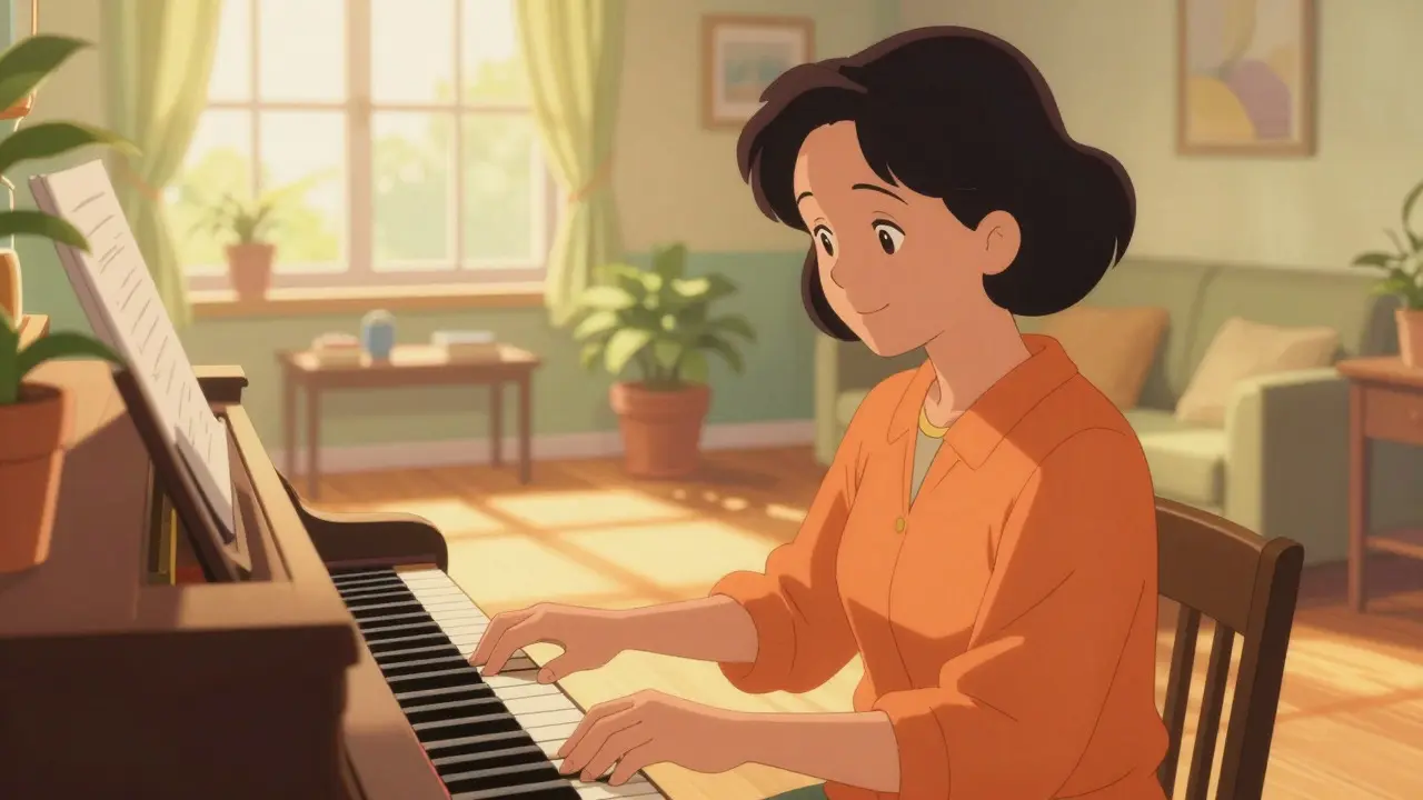 Woman playing piano with grace in sunlit room in retro anime style