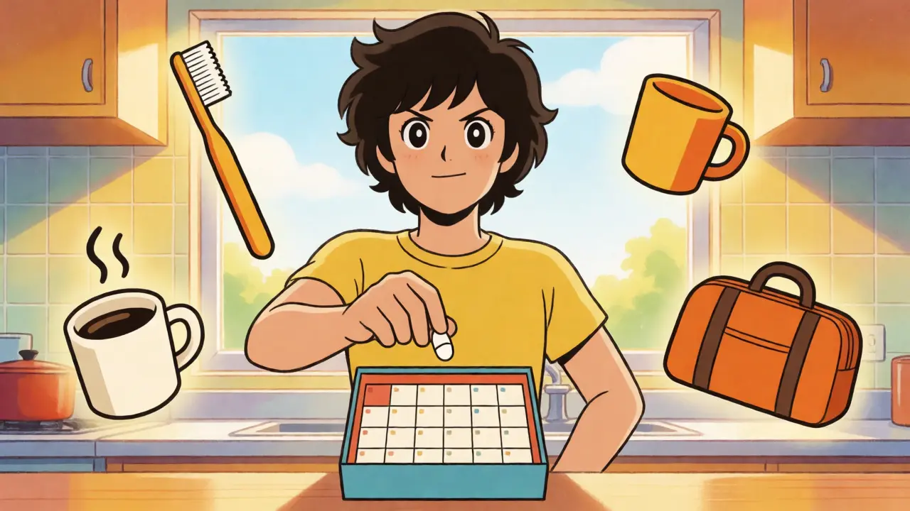 Character organizing pills in bright kitchen