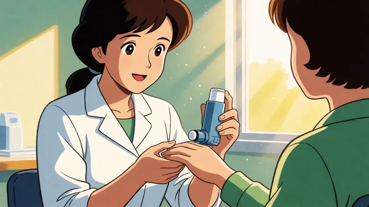 Doctor guiding patient on proper inhaler and spacer technique