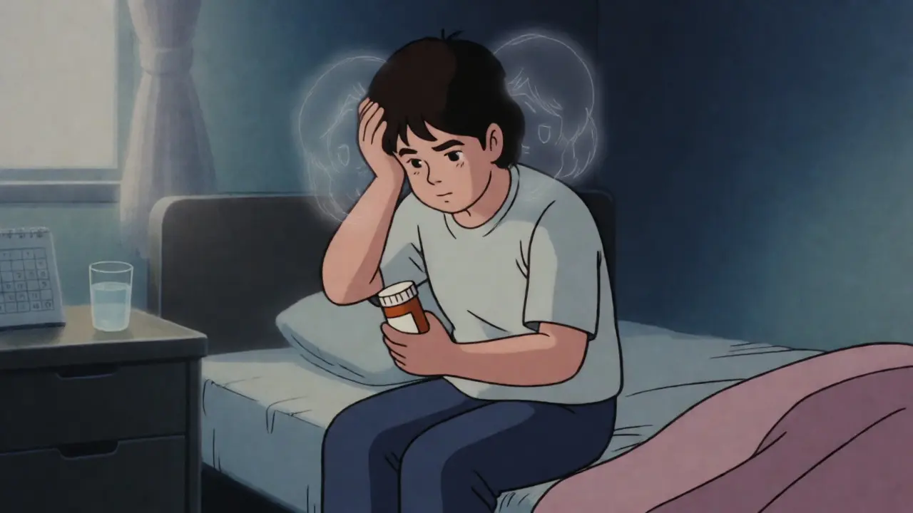 Tired patient holding head near pill bottle
