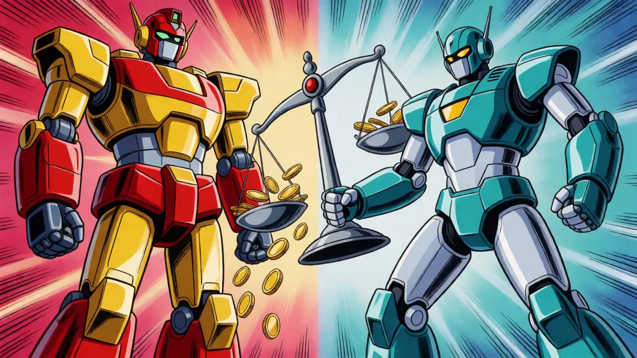 Two robots comparing reference biologics and biosimilars in anime art